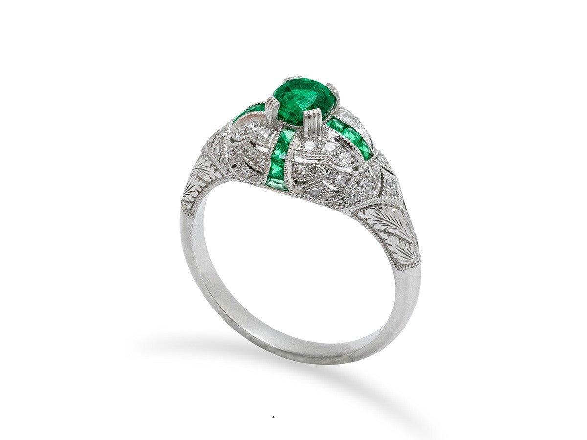 Diamond Emerald Platinum Ring Art Deco Natural Handmade Antique Style 0.92CTW