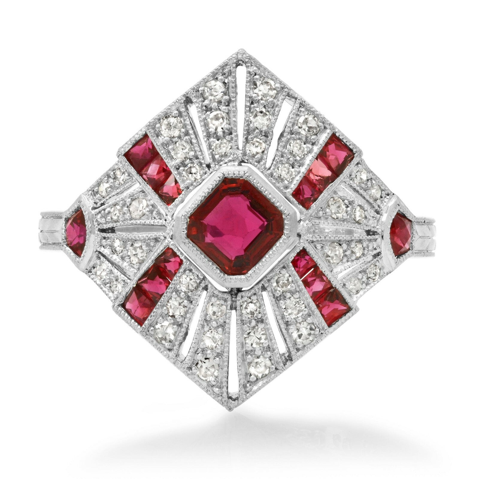 Princess Ruby Diamond Platinum Ring Art Deco Cocktail Vintage Antique Handmade