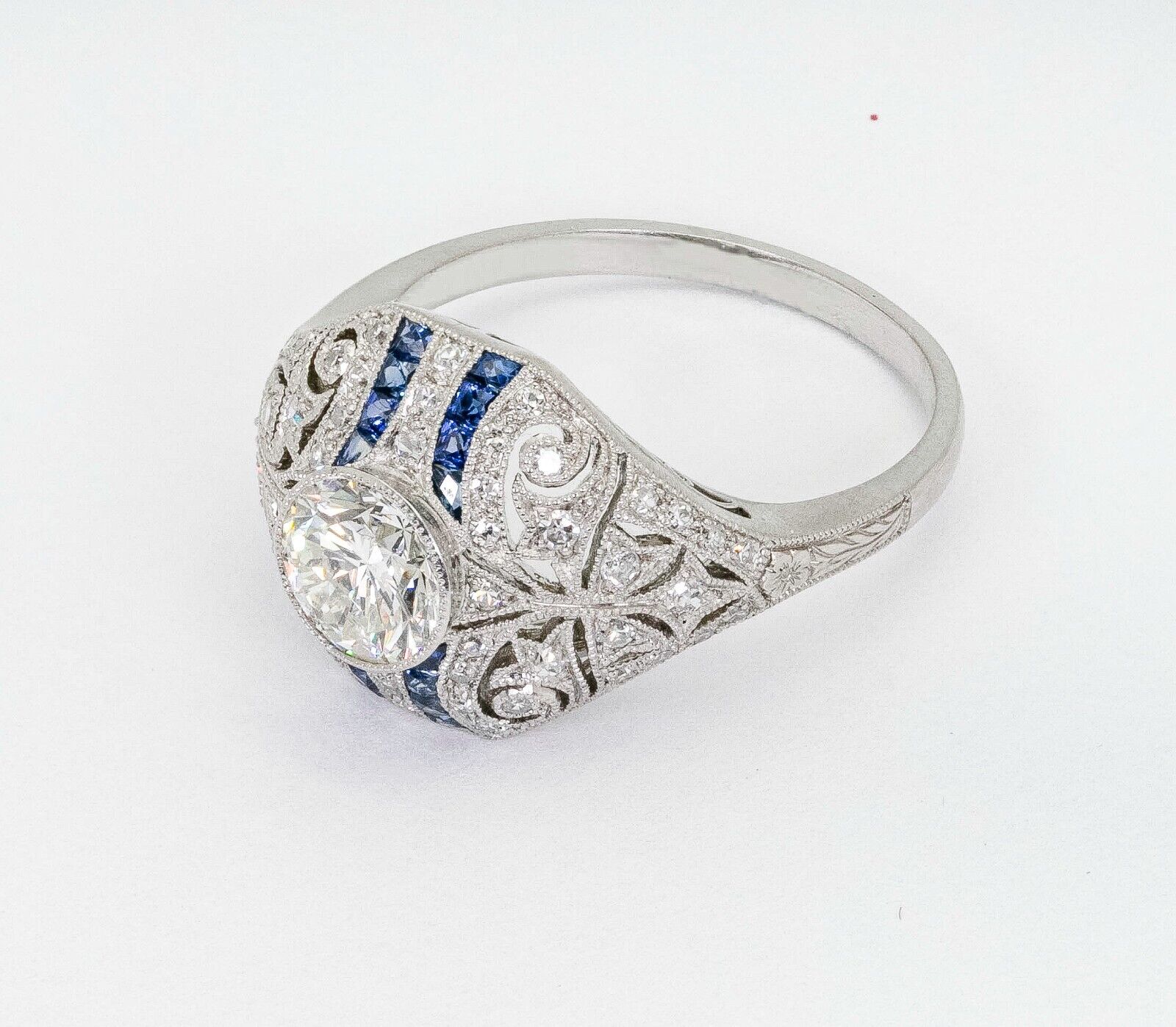 Diamond Blue Sapphire Platinum Engagement Ring Natural 1.30 TCW Art Deco