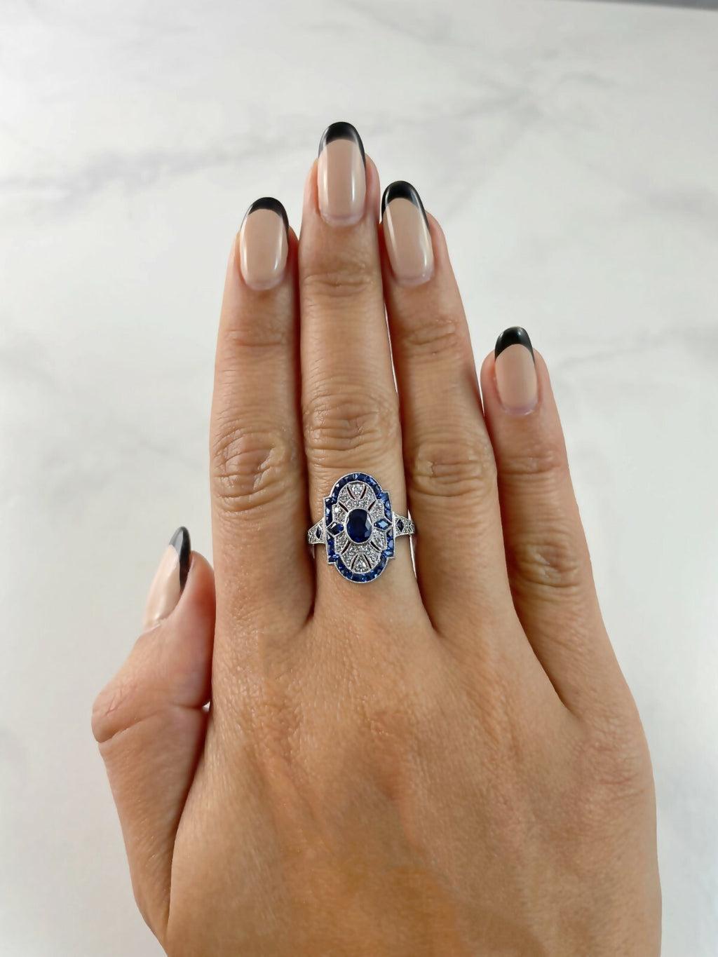 Oval Blue Sapphire Platinum Diamond Ring Art Deco Handmade Antique Natural