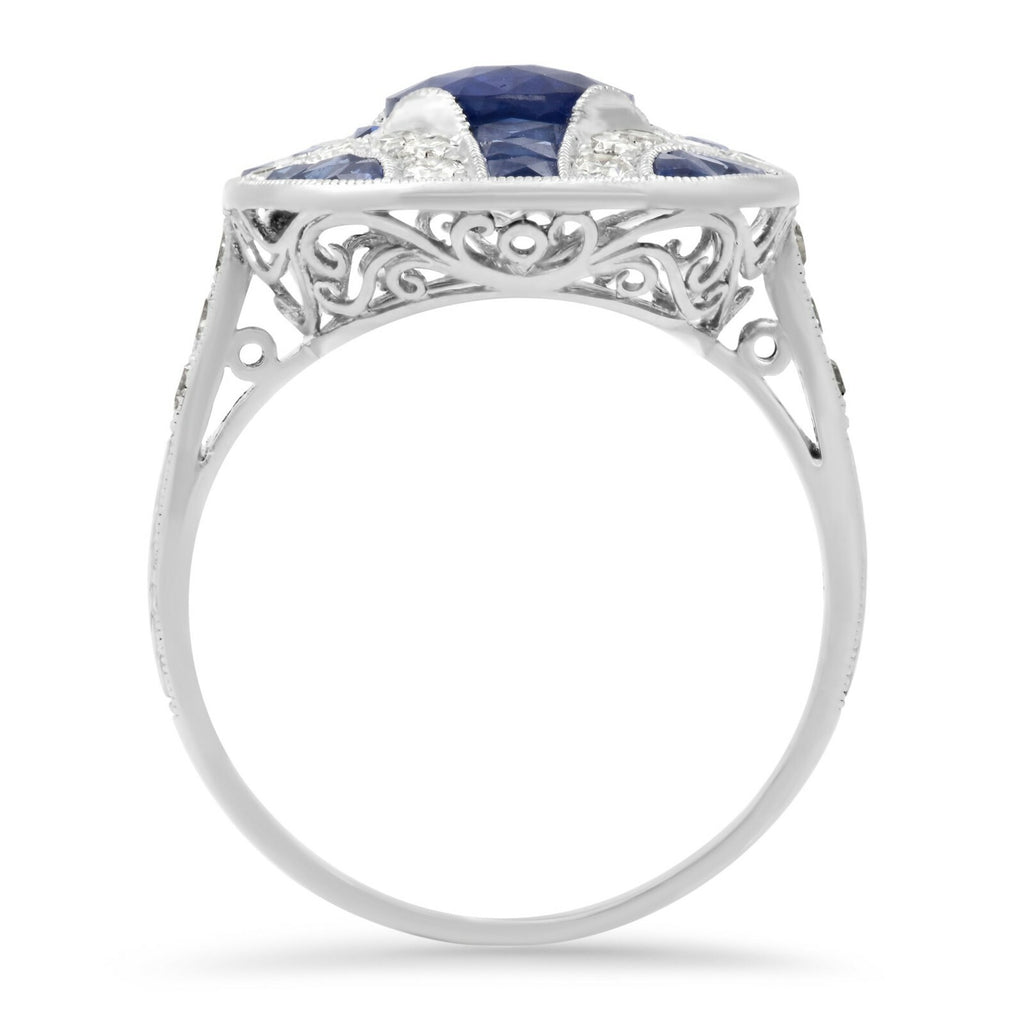 Art Deco Blue Sapphire Diamond Platinum Ring Handmade Oval Cut Antique Inspired