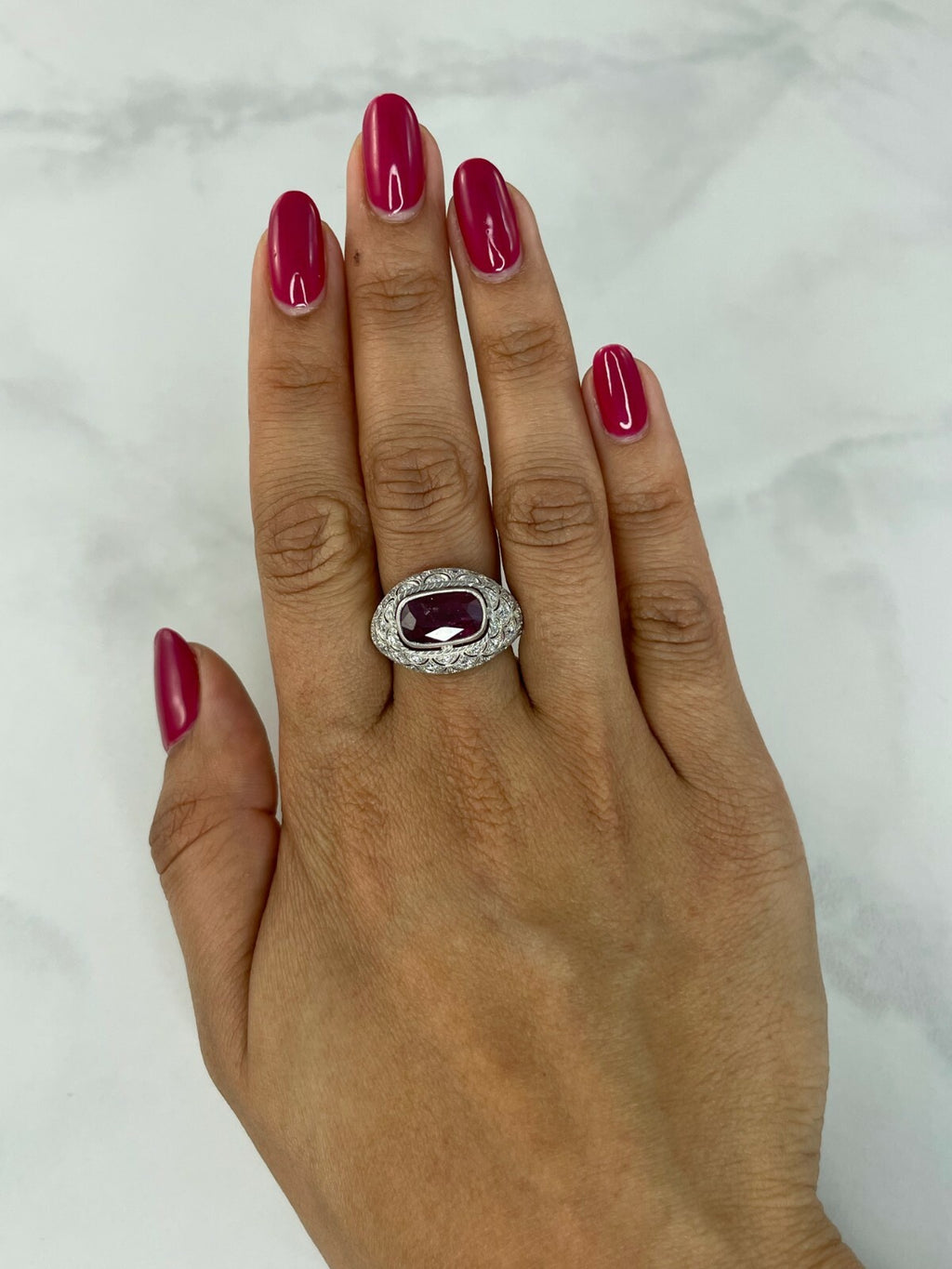 Art Deco Cushion Ruby Diamond Platinum Ring Handmade GIA Antique Finish 5.49 TCW