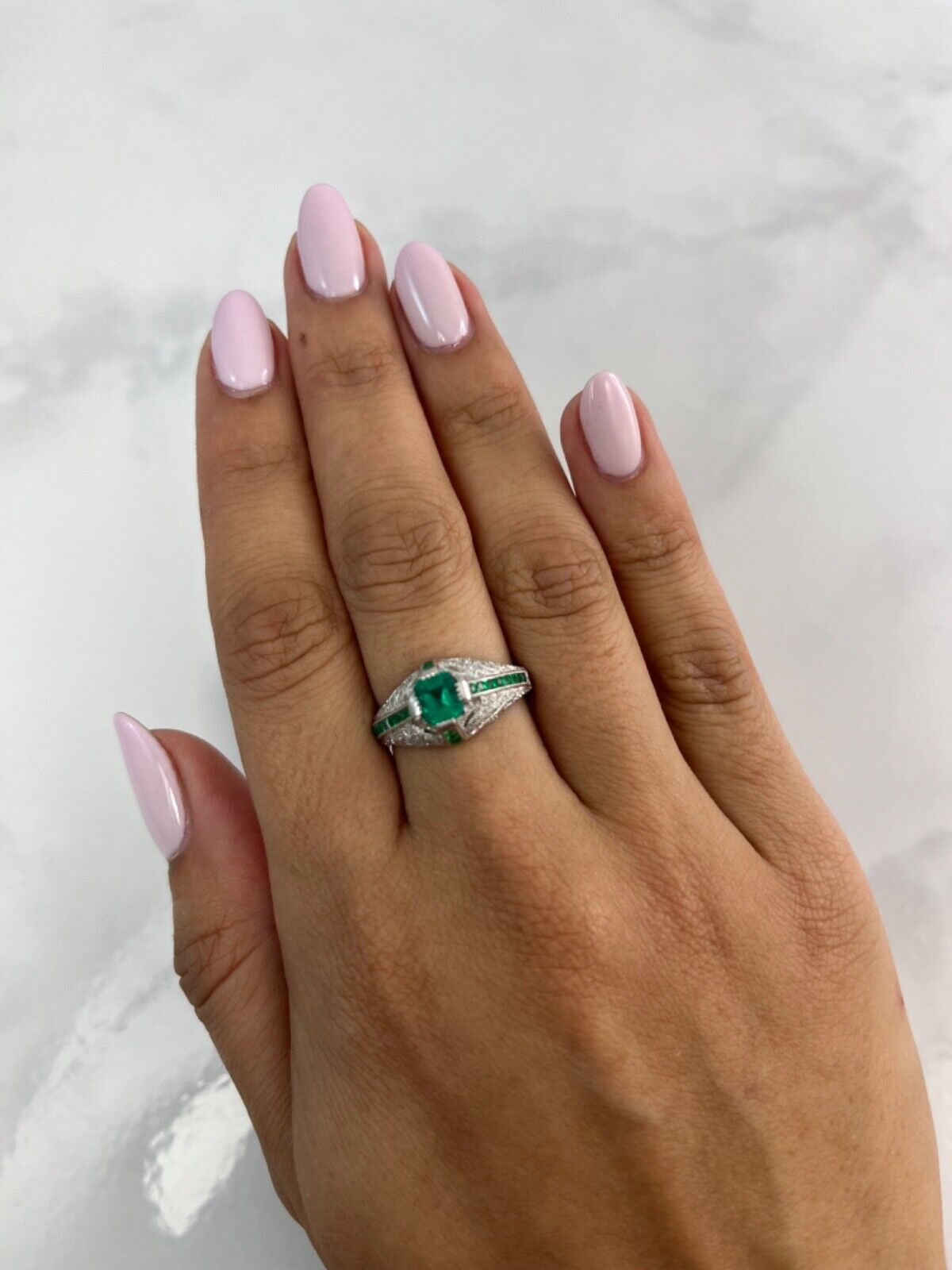 Diamond Emerald Engagement Platinum Ring Art Deco Antique Finish Natural 1.08TCW