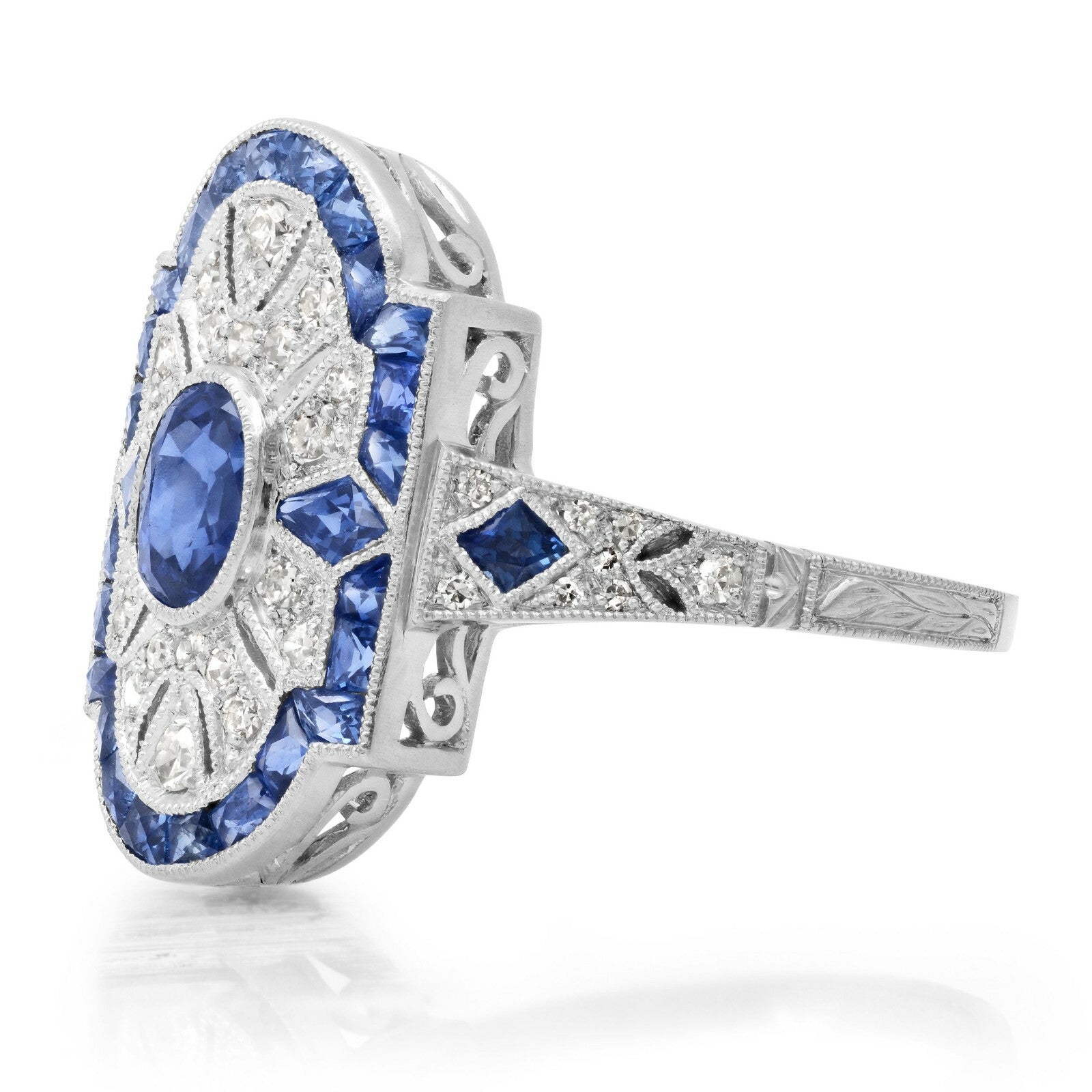 Oval Blue Sapphire Platinum Diamond Ring Art Deco Handmade Antique Natural