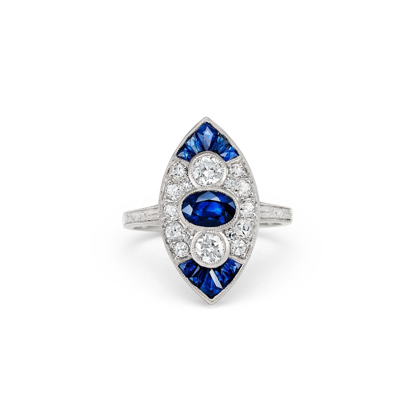 Blue Sapphire Diamond Platinum Ring Art Deco Antique Design Natural 2.07 CTW