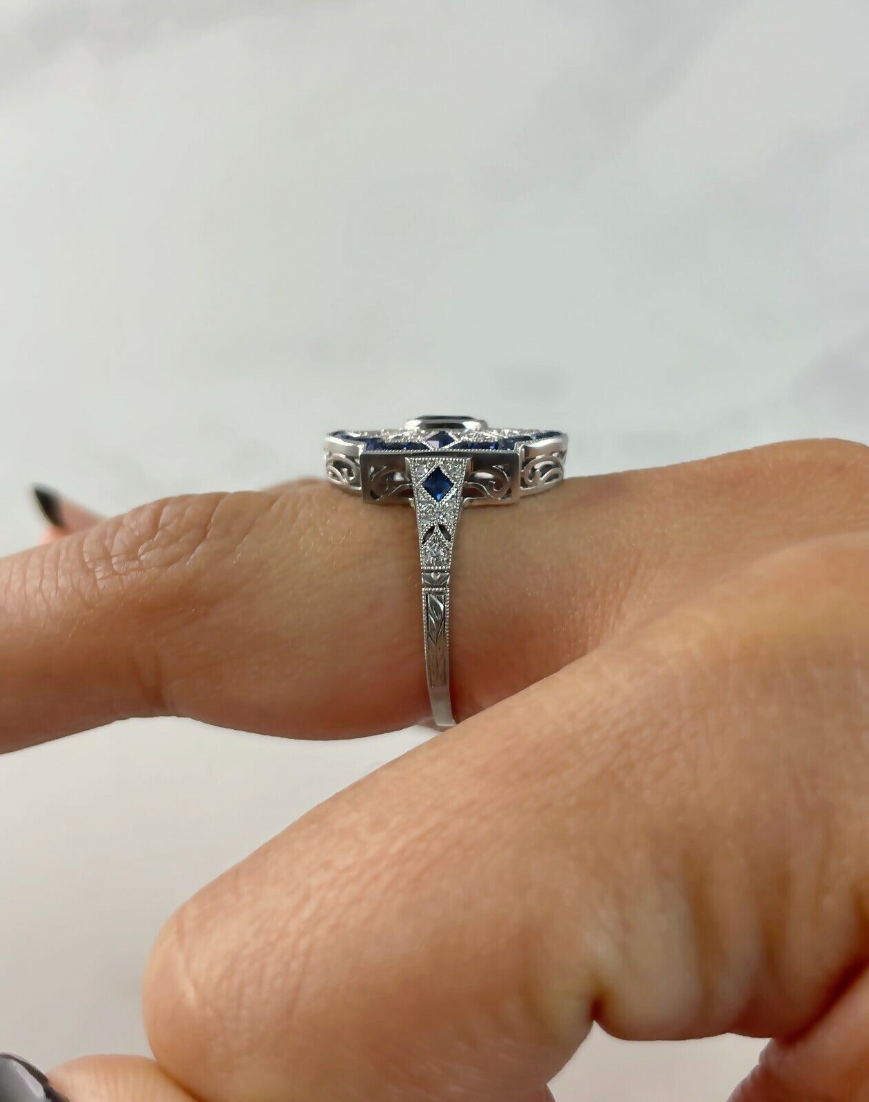 Oval Blue Sapphire Platinum Diamond Ring Art Deco Handmade Antique Natural