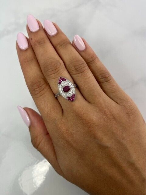 Oval Ruby Diamond Platinum Ring Art Deco Antique Style Natural 1.89 CTW