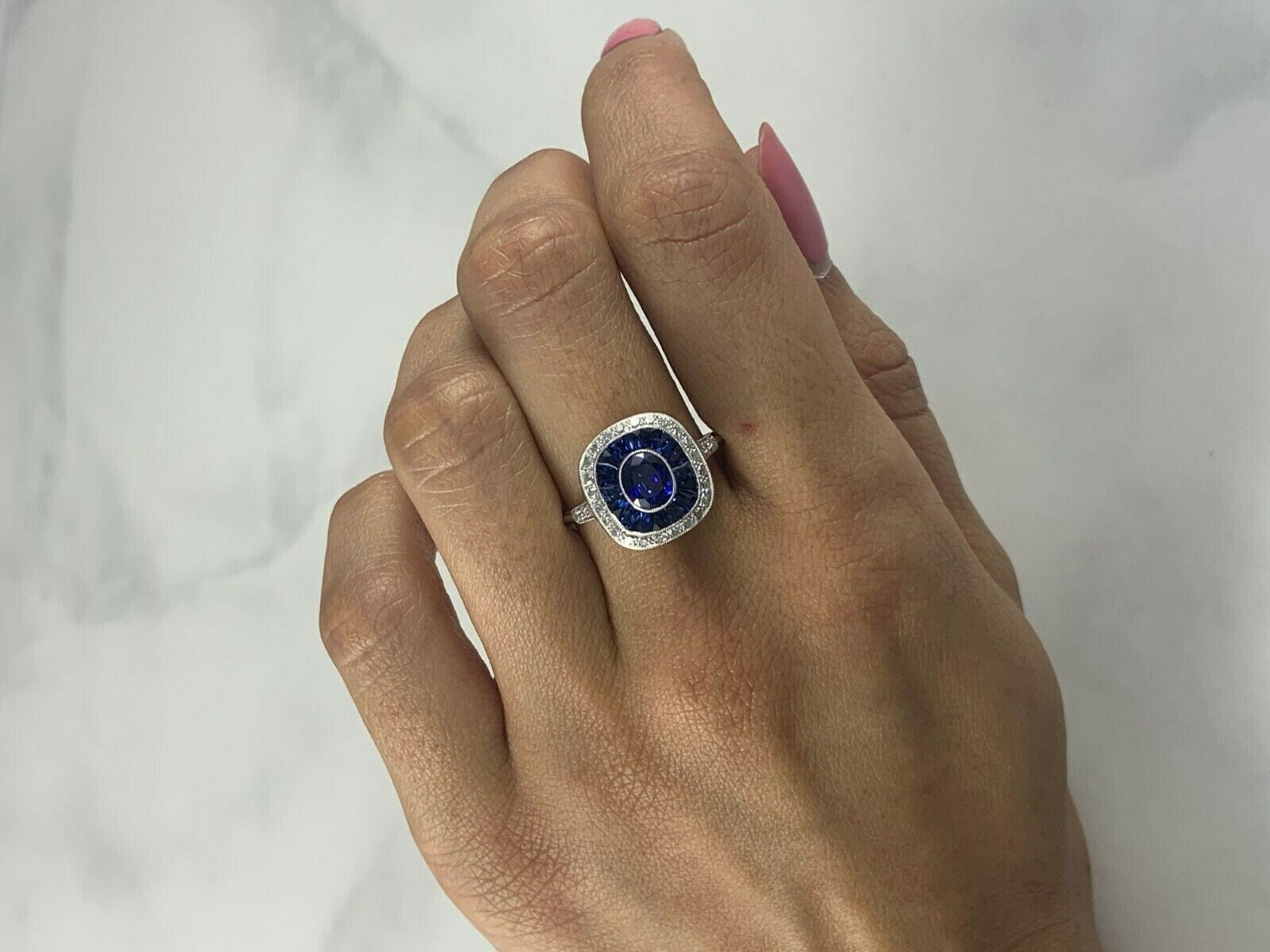 Blue Sapphire Diamond Platinum Ring Art Deco Natural French Cut Baguette 3.12CTW