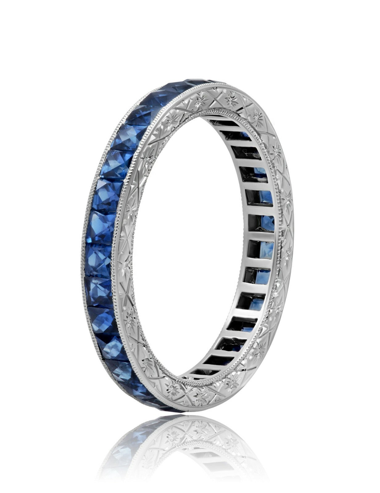 Art Deco Sapphire Eternity Ring 14K White Gold Princess Cut Natural 3.54CT