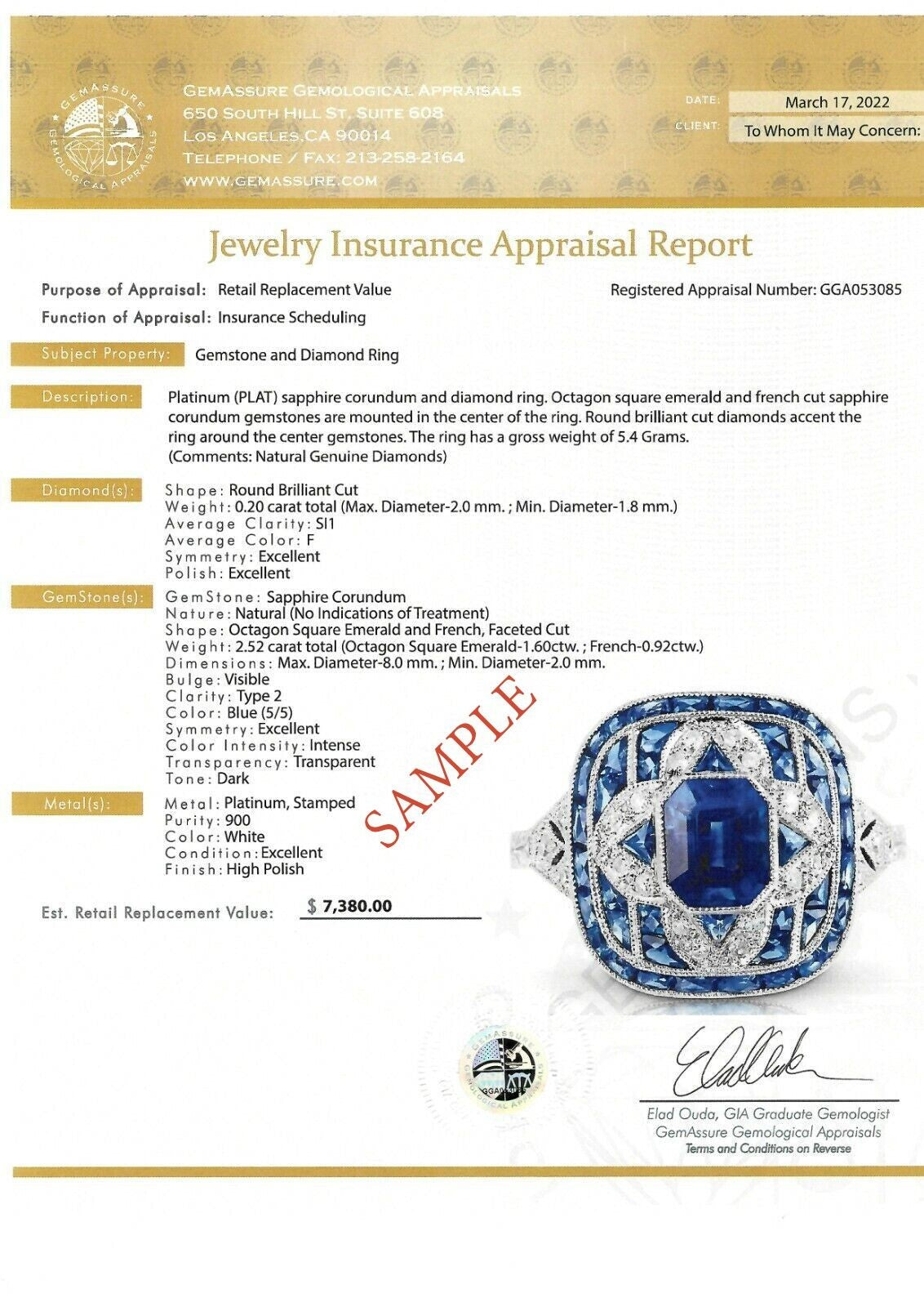 Art Deco Blue Sapphire Diamond Platinum Ring Natural Antique Finish 2.72 CTW