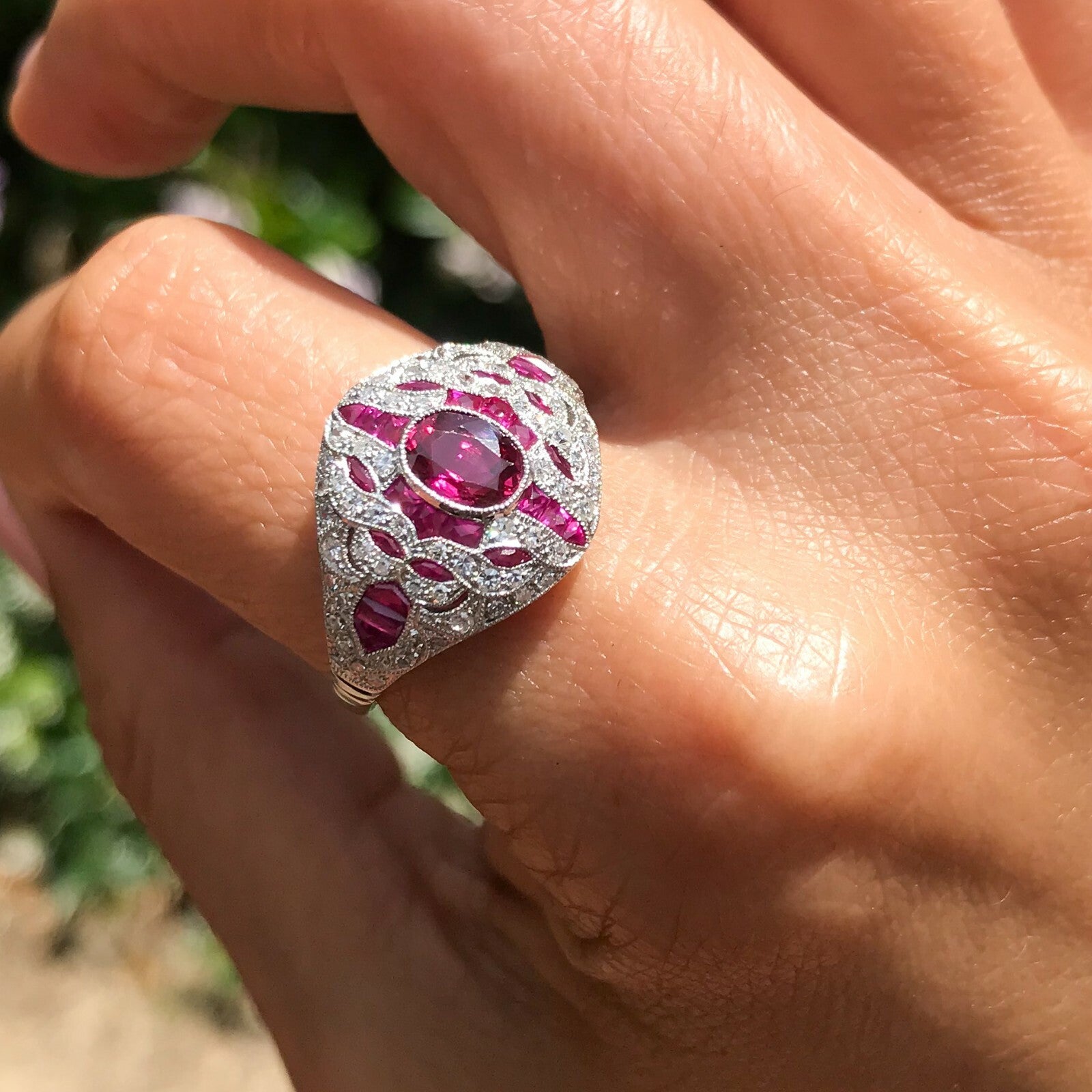 Ruby Diamond Ring Platinum Cocktail Art Deco Vintage Antique Style Handmade