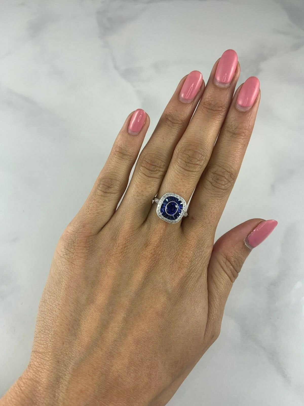 Blue Sapphire Diamond Platinum Ring Art Deco Natural French Cut Baguette 3.12CTW