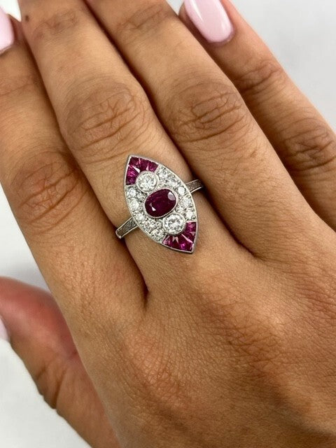 Oval Ruby Diamond Platinum Ring Art Deco Antique Style Natural 1.89 CTW