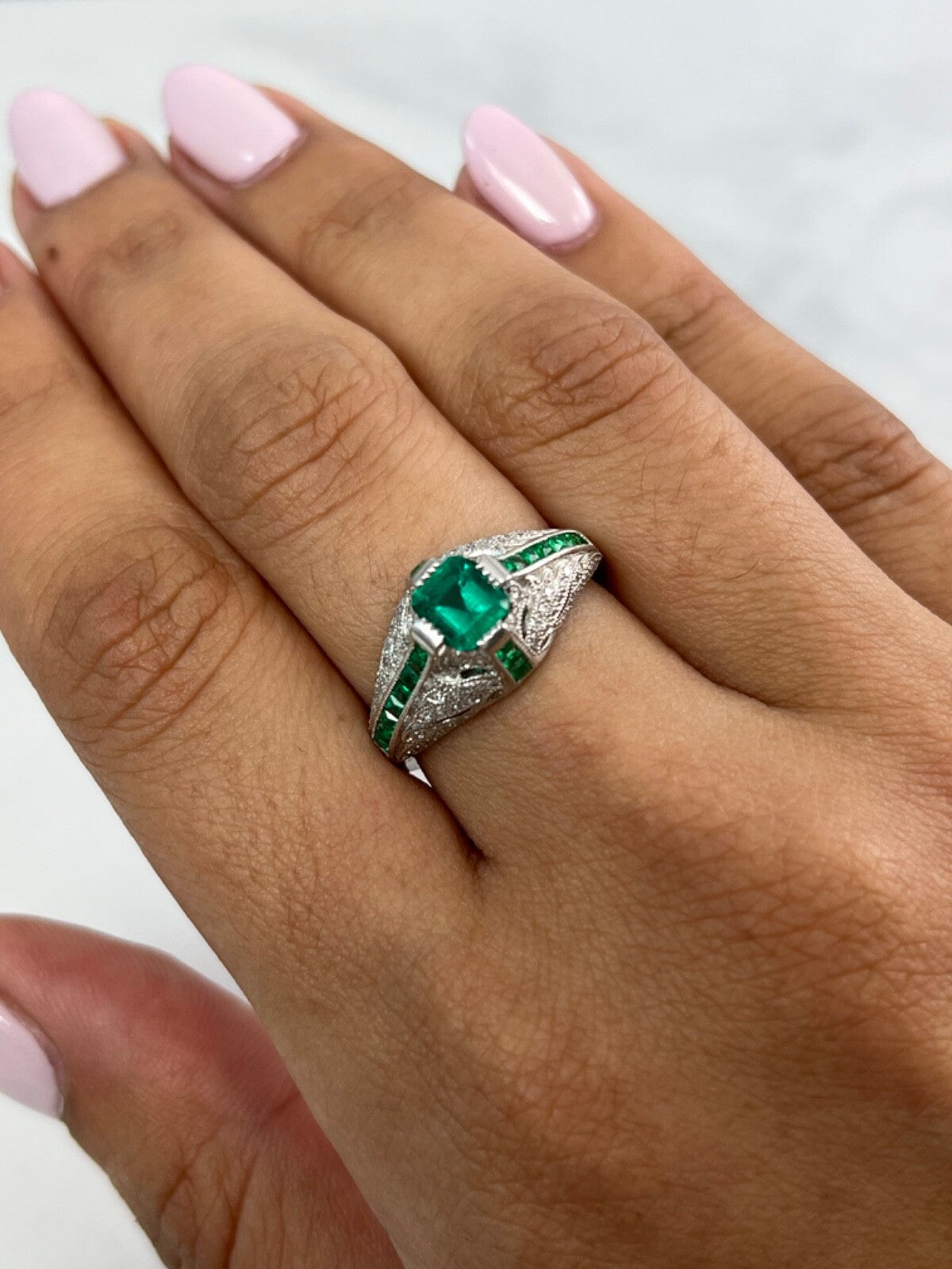 Diamond Emerald Engagement Platinum Ring Art Deco Antique Finish Natural 1.08TCW