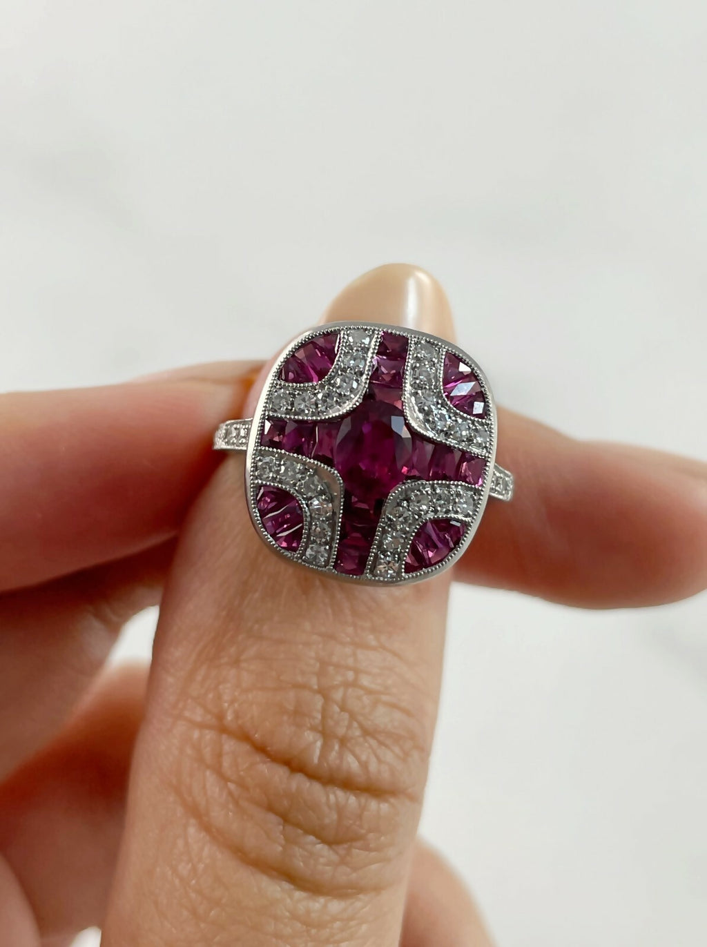 Ruby Diamond Art Deco Platinum Ring Handmade Certified Natural Antique Finish