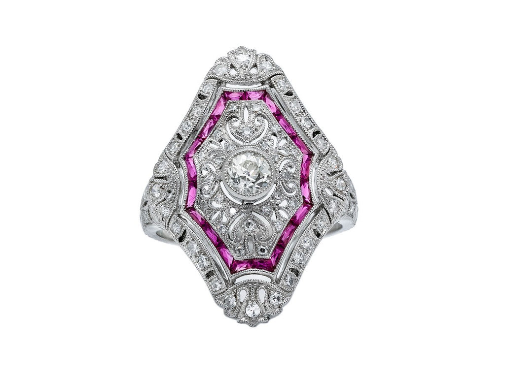 Art Deco Diamond Ruby Platinum Ring Antique Design Handmade Natural 1.10 CTW