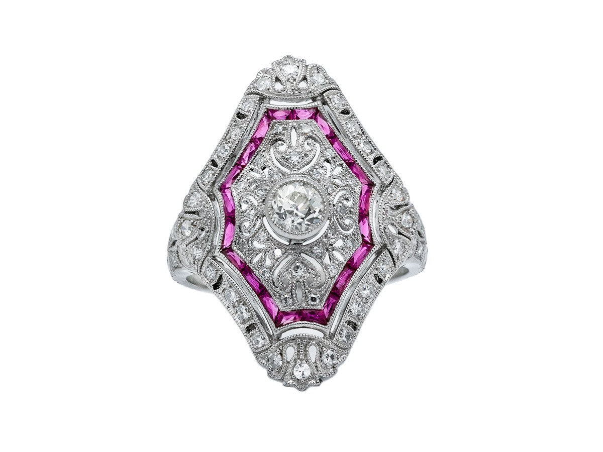 Art Deco Diamond Ruby Platinum Ring Antique Design Handmade Natural 1.10 CTW