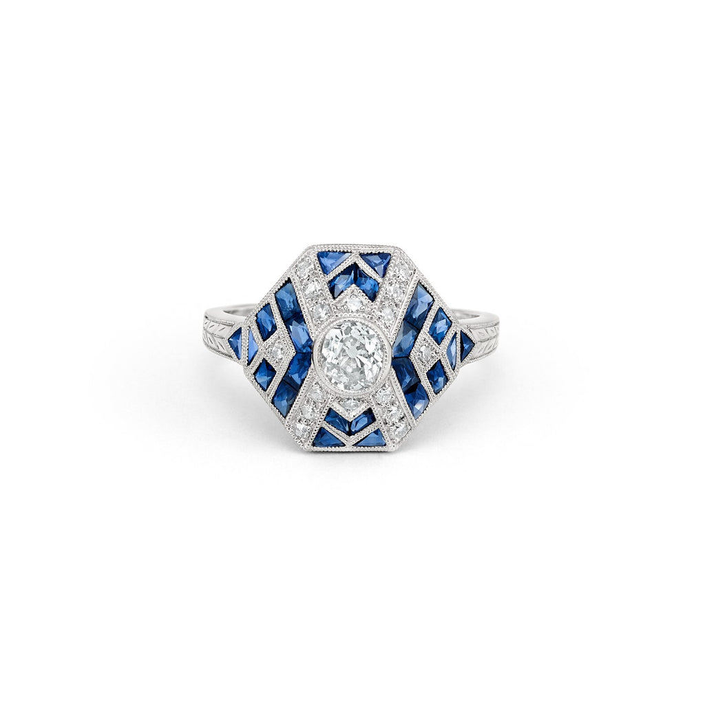 Art Deco Diamond Sapphire Platinum Ring Natural Handmade Certified 1.75 CTW