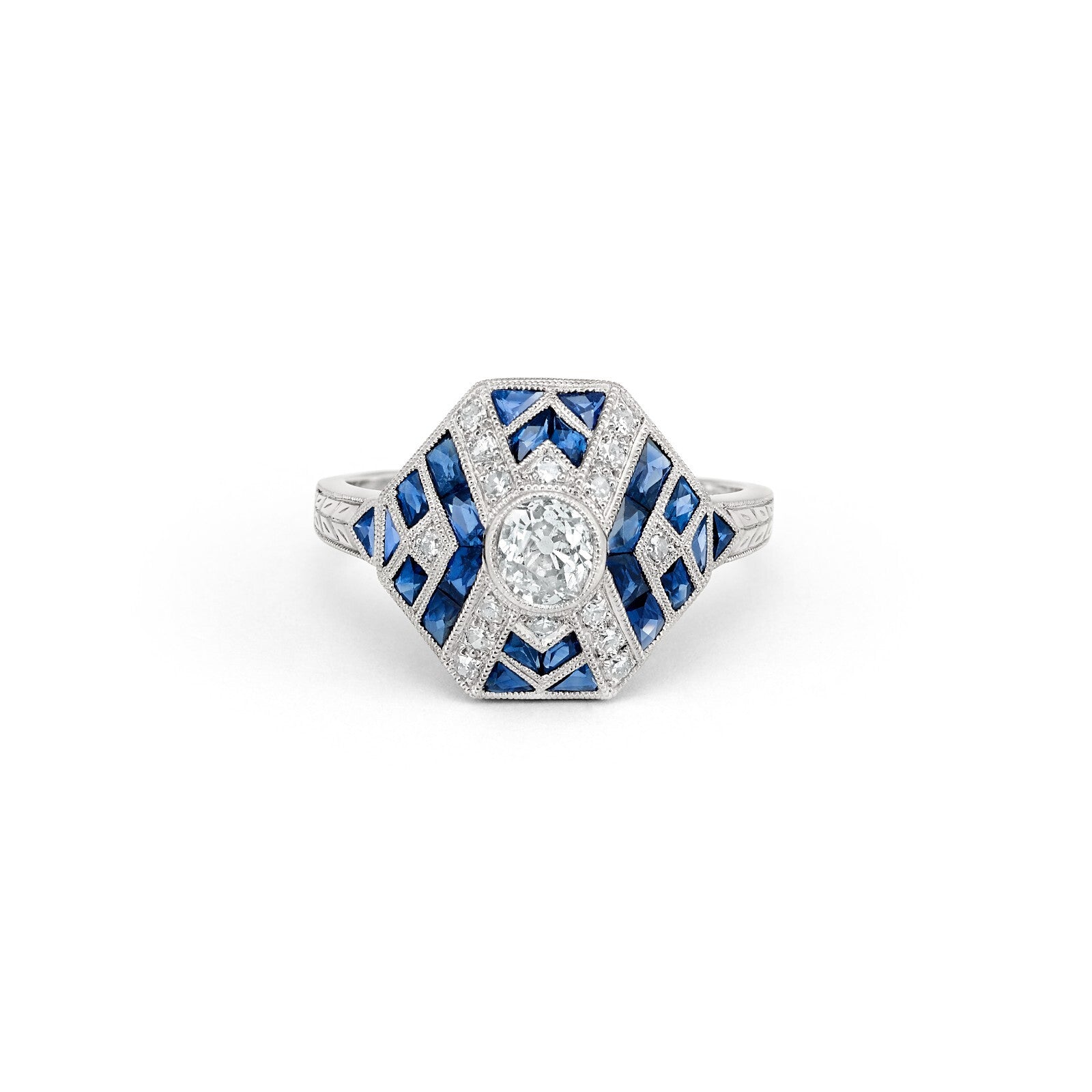 Art Deco Diamond Sapphire Platinum Ring Natural Handmade Certified 1.75 CTW