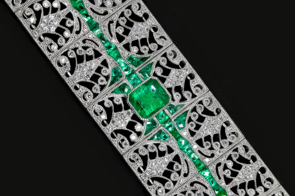 Art Deco Diamond Emerald Platinum Bracelet Handmade Natural 8.14 CTW Certified