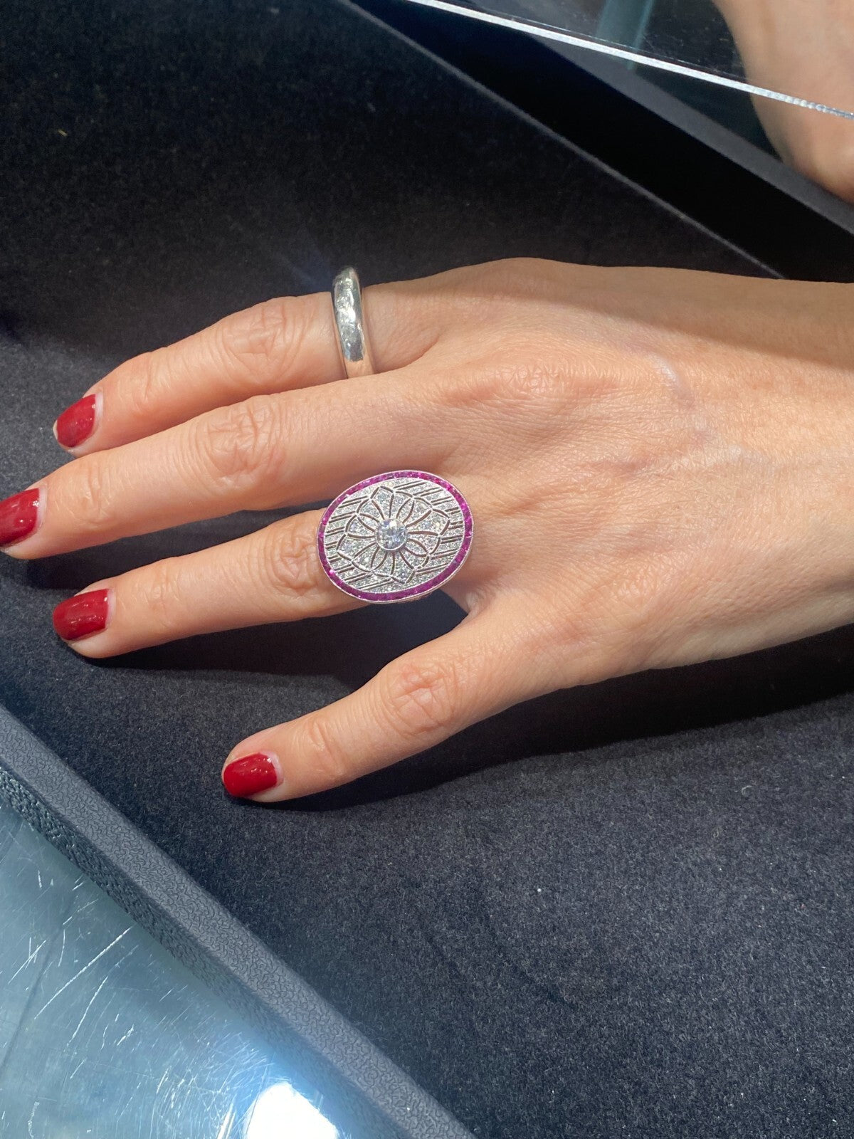 Diamond Ruby Platinum Ring Art Deco Natural Old European Cut Antique Inspired