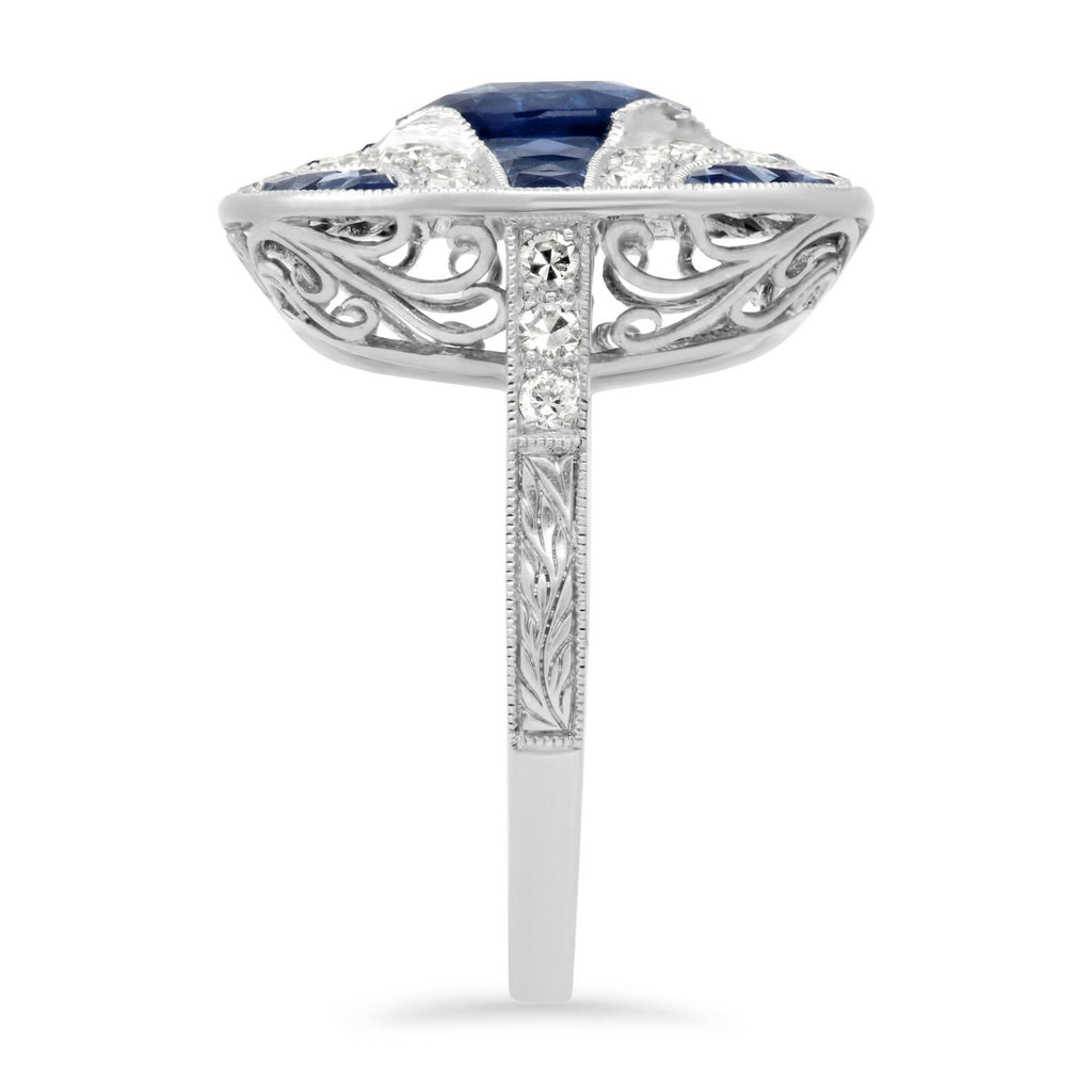 Art Deco Blue Sapphire Diamond Platinum Ring Handmade Oval Cut Antique Inspired