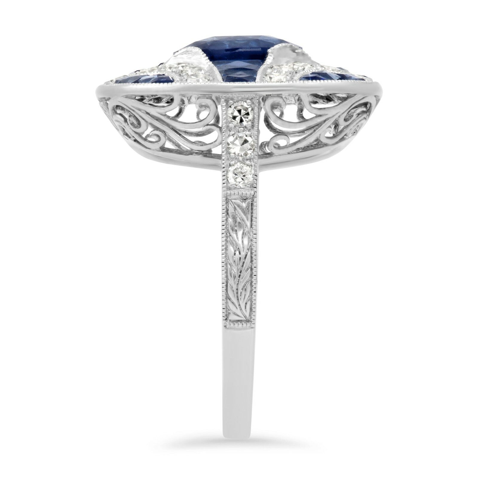 Art Deco Blue Sapphire Diamond Platinum Ring Handmade Oval Cut Antique Inspired