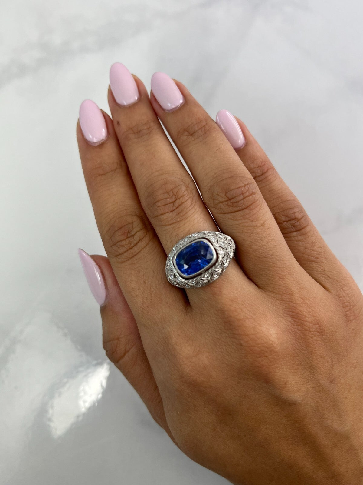 Art Deco Cushion Sapphire Diamond Platinum Ring Natural 5.30 CTW GIA Certified
