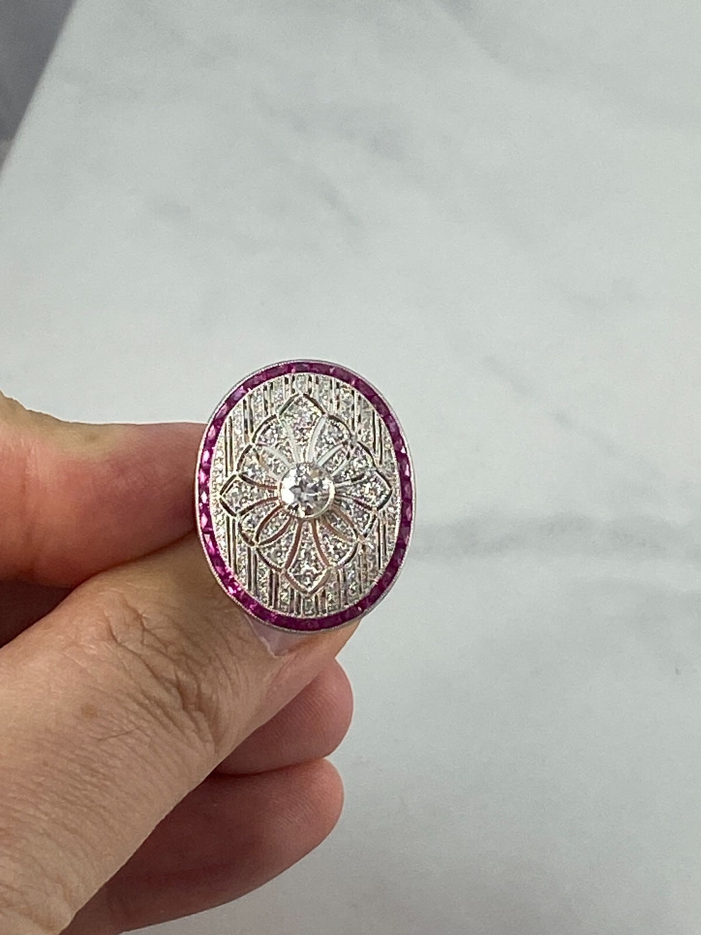Diamond Ruby Platinum Ring Art Deco Natural Old European Cut Antique Inspired