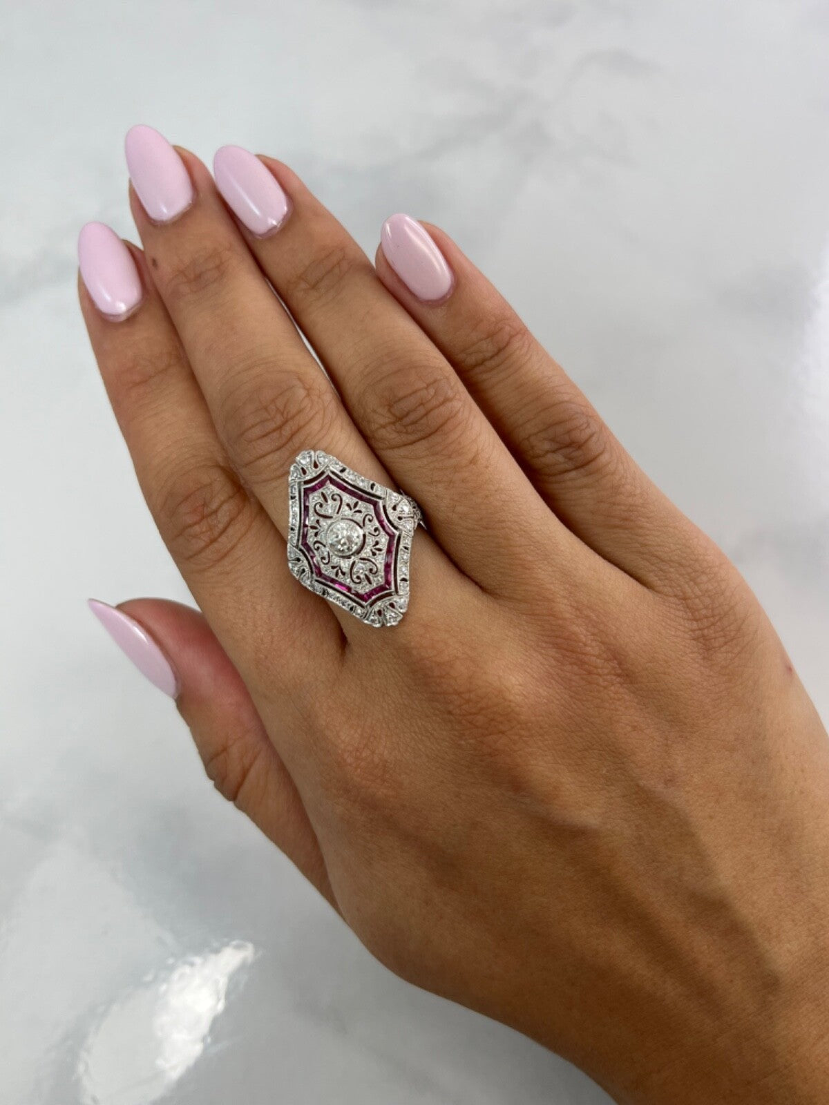 Art Deco Diamond Ruby Platinum Ring Antique Design Handmade Natural 1.10 CTW