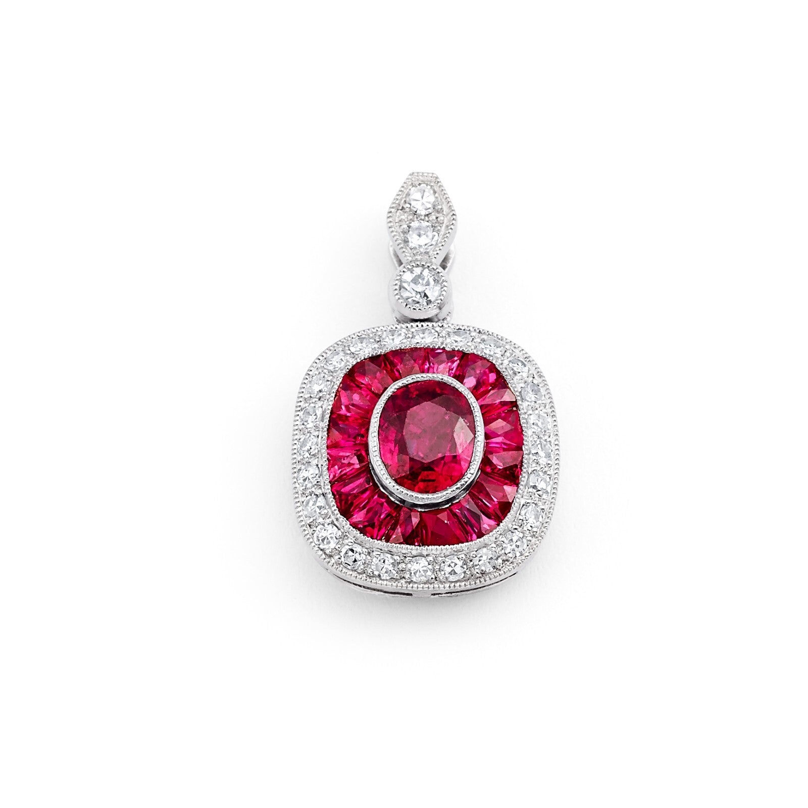 Diamond Ruby Platinum Pendant Necklace Art Deco Certified Natural French Cut