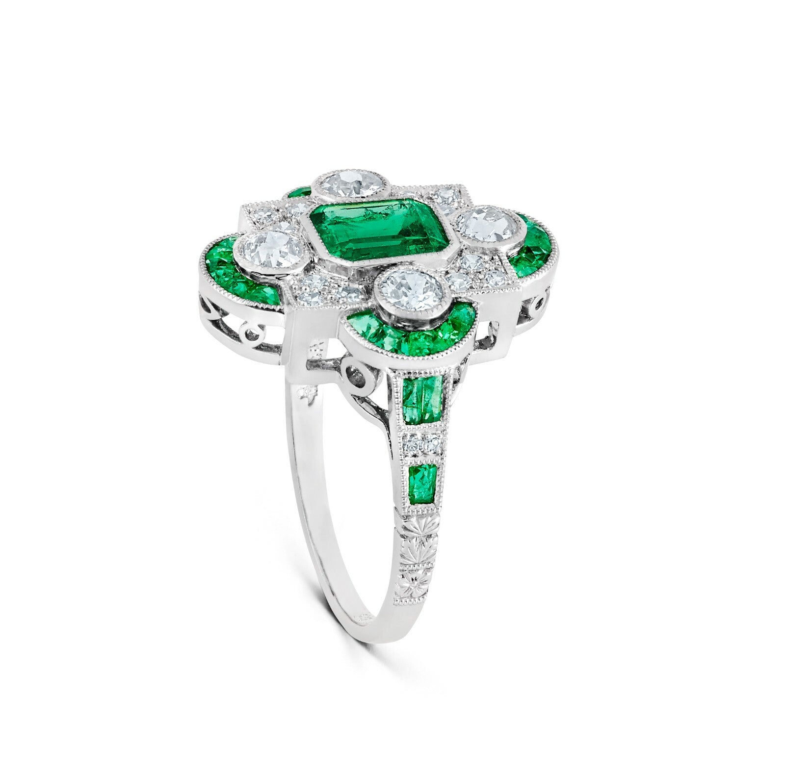Art Deco Diamond Emerald Platinum Ring Natural 2.08 CTW