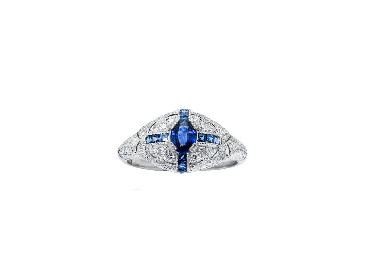 Art Deco Oval Blue Sapphire Diamond Platinum Engagement Ring Natural 1.00 CTW