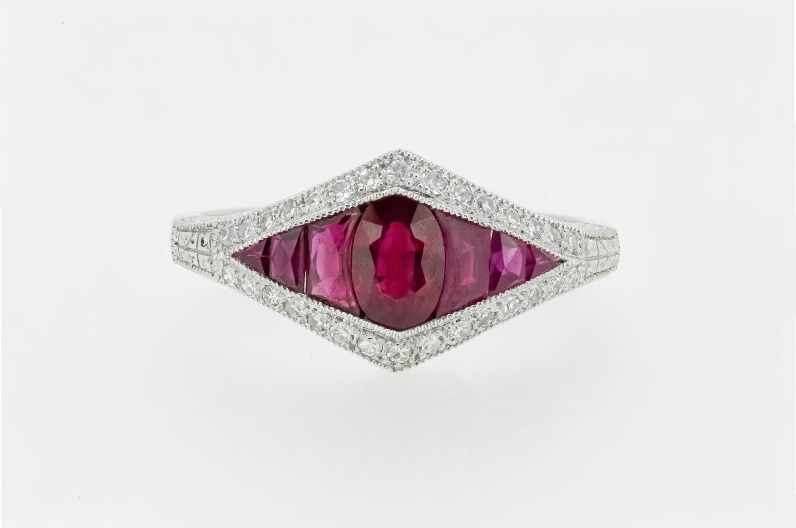 Art Deco Inspired Ruby Diamond Platinum Ring Natural Oval French Cut 1.04CTW