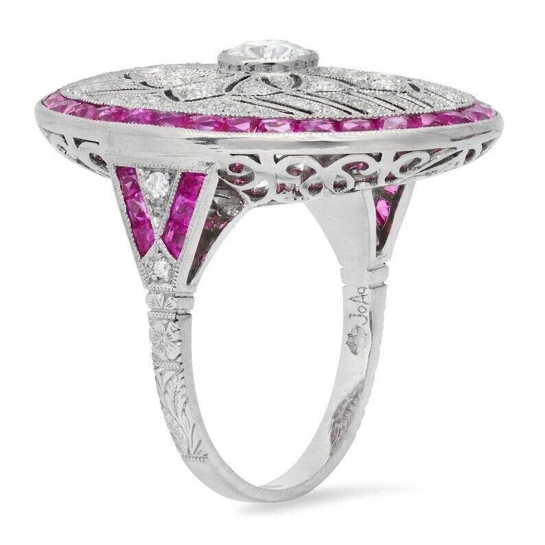Diamond Ruby Platinum Ring Art Deco Natural Old European Cut Antique Inspired