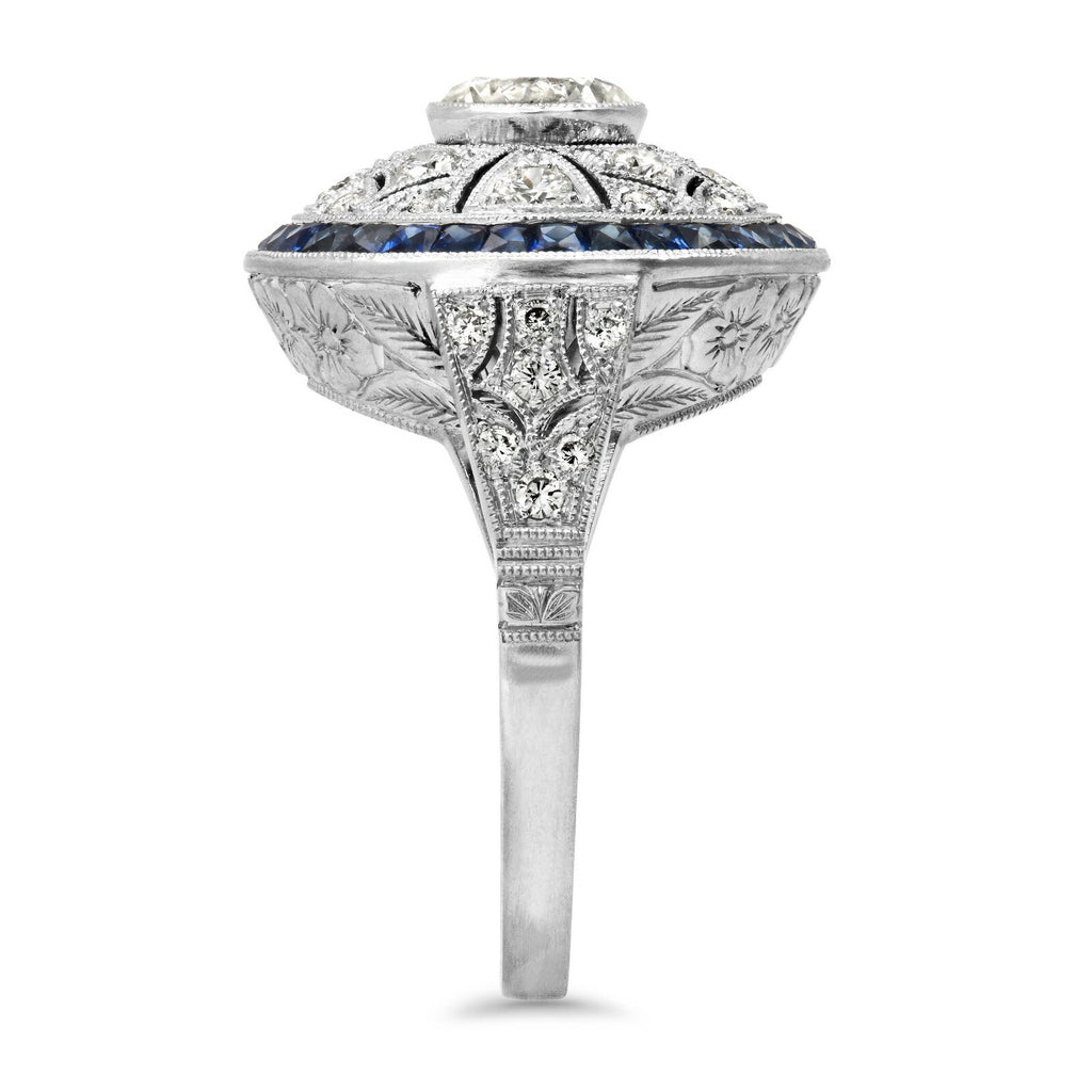 Art Deco Diamond Blue Sapphire Platinum Ring Cocktail 2.20 TCW Natural