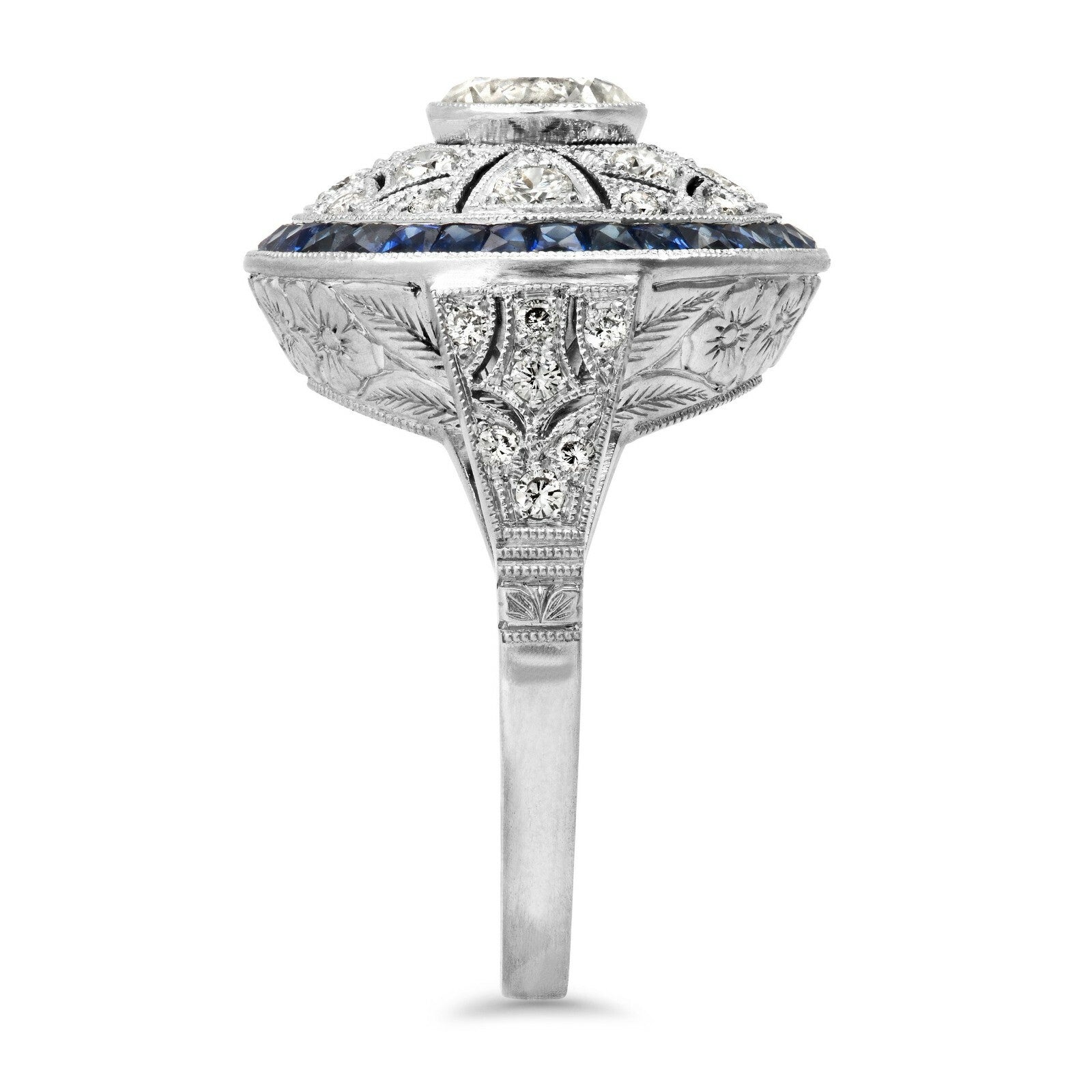Art Deco Diamond Blue Sapphire Platinum Ring Cocktail 2.20 TCW Natural