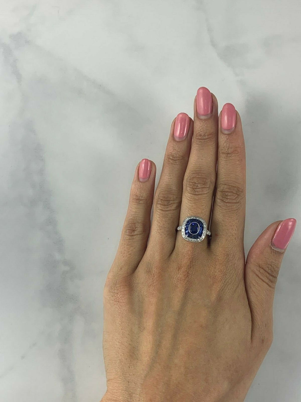 Blue Sapphire Diamond Platinum Ring Art Deco Natural French Cut Baguette 3.12CTW