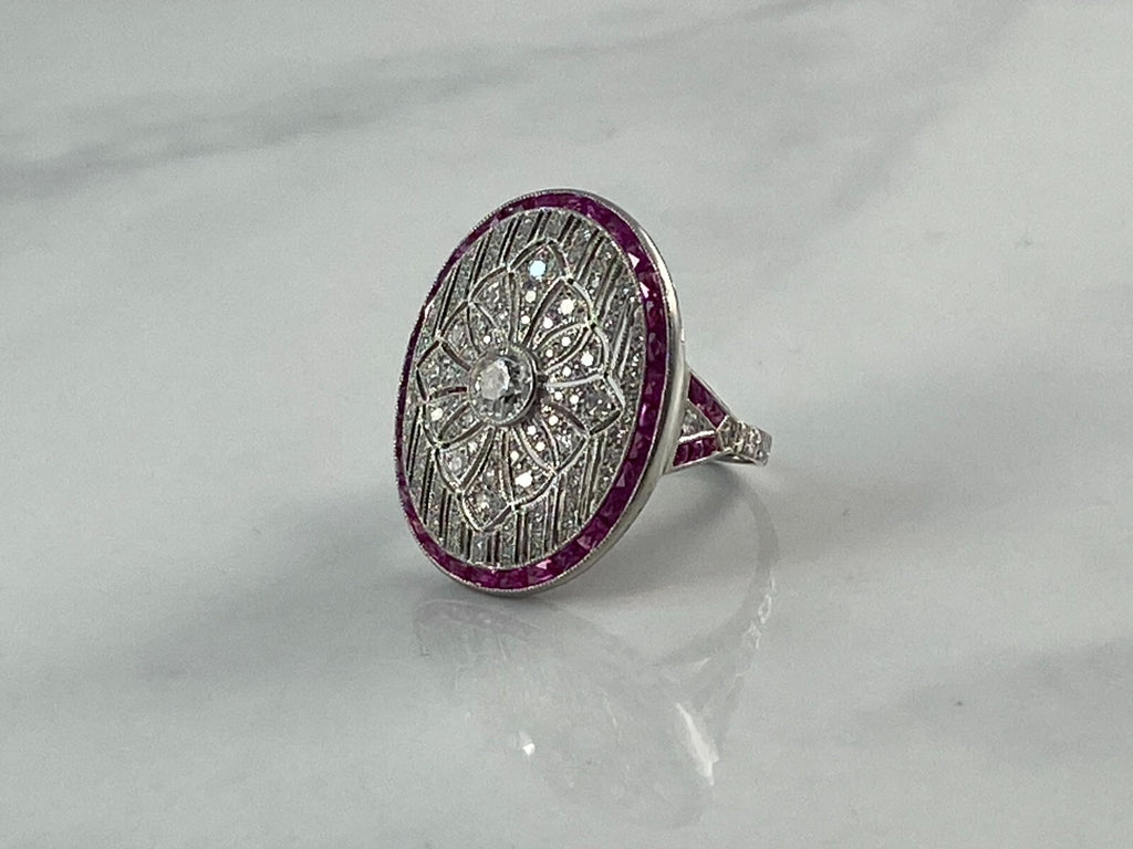 Diamond Ruby Platinum Ring Art Deco Natural Old European Cut Antique Inspired