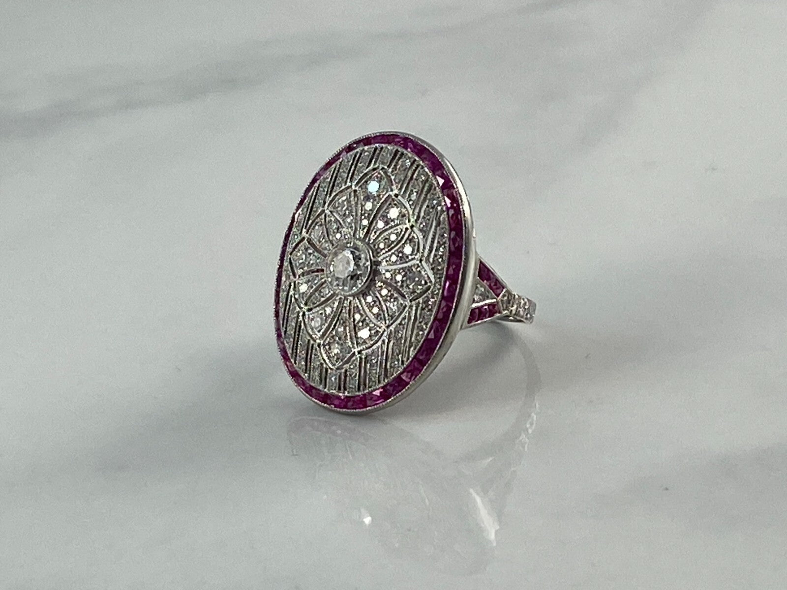 Diamond Ruby Platinum Ring Art Deco Natural Old European Cut Antique Inspired