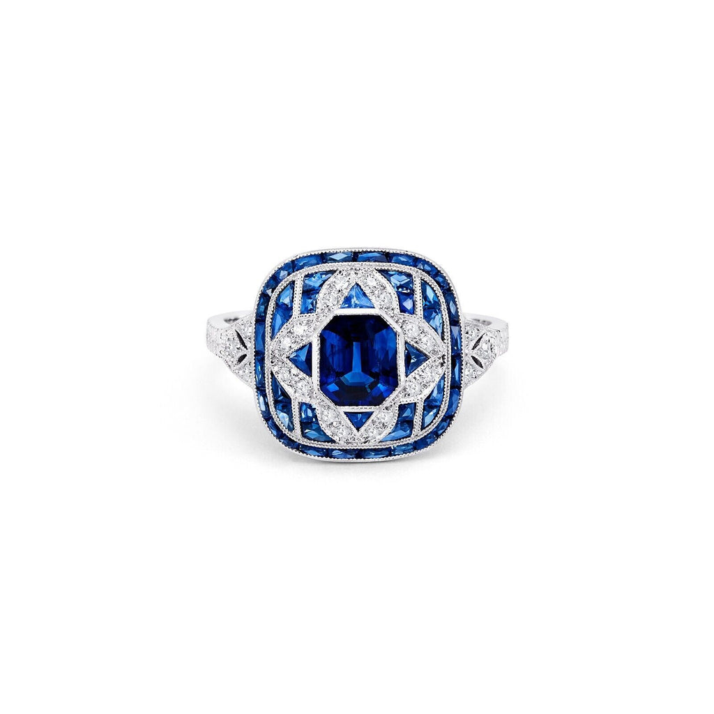 Art Deco Blue Sapphire Old Mine Diamond Engagement Ring Platinum European 2.28CT