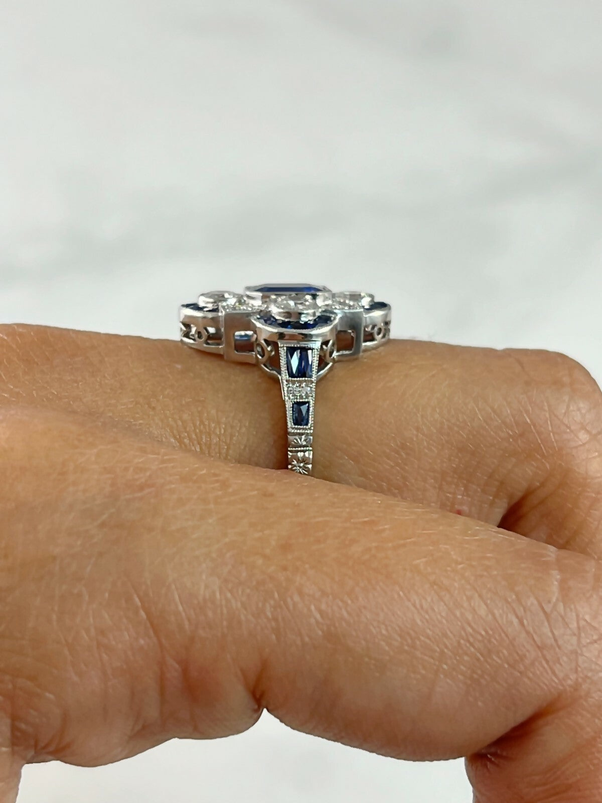 Blue Sapphire Diamond Platinum Ring Art Deco Style Natural 2.38 TCW Emerald Cut