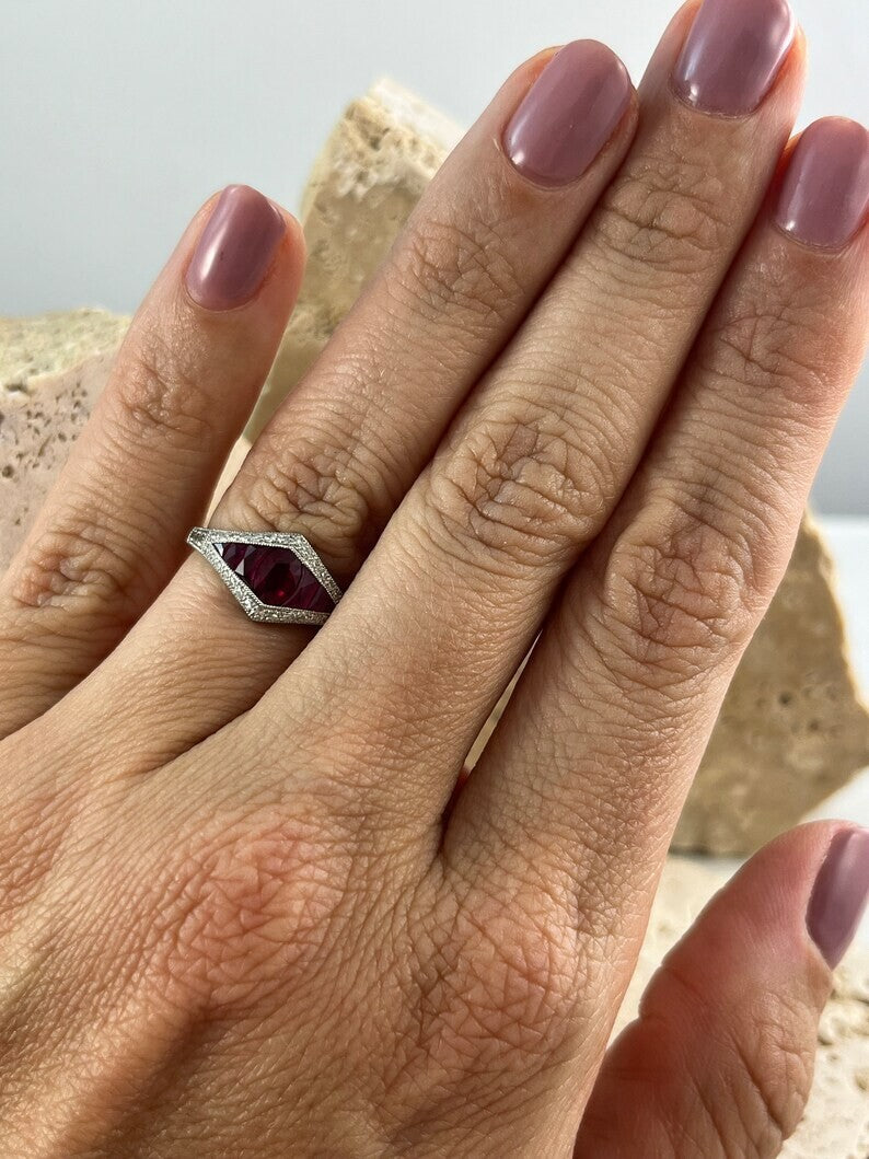 Art Deco Inspired Ruby Diamond Platinum Ring Natural Oval French Cut 1.04CTW