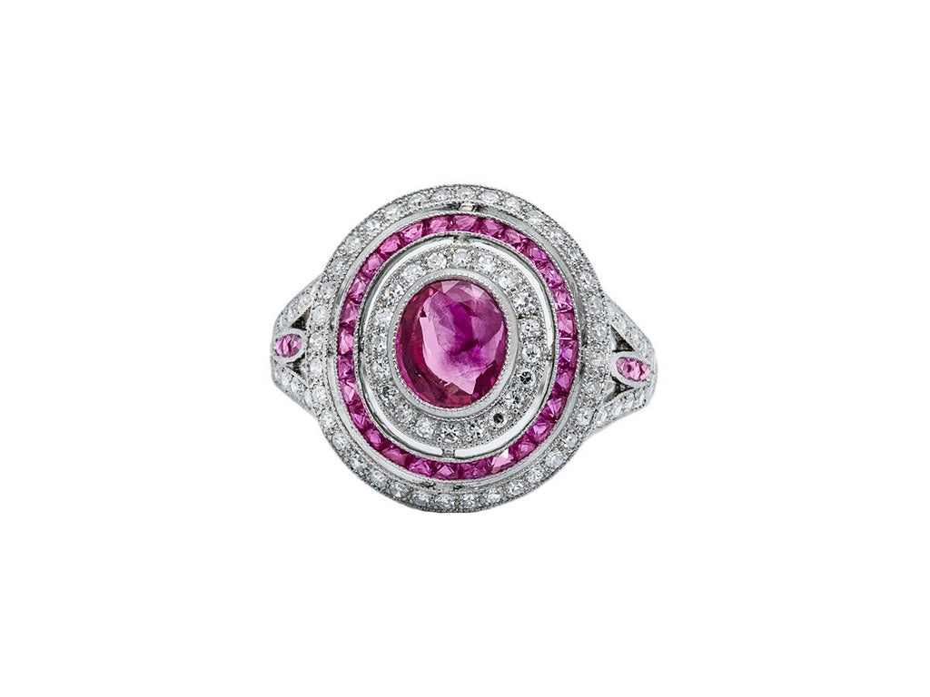 Art Deco Oval Ruby Diamond Platinum Ring Antique Finish Natural Handmade 1.95CTW