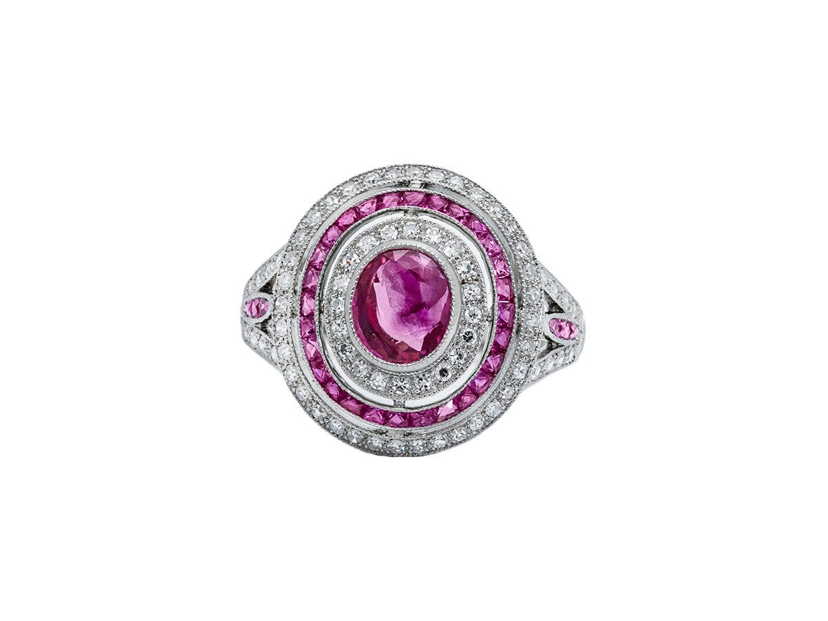 Art Deco Oval Ruby Diamond Platinum Ring Antique Finish Natural Handmade 1.95CTW