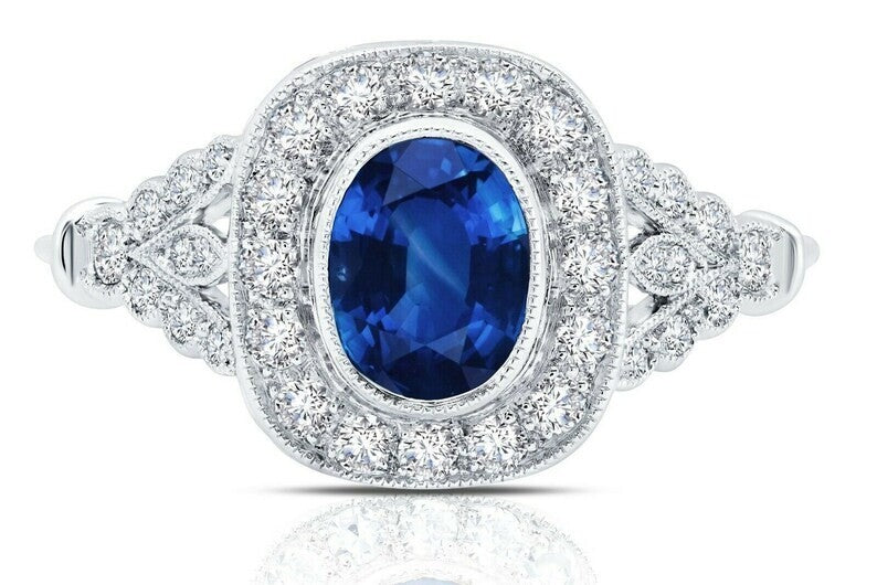 Blue Sapphire Diamond Platinum Engagement Ring Oval Antique Art Deco 1.97 CTW