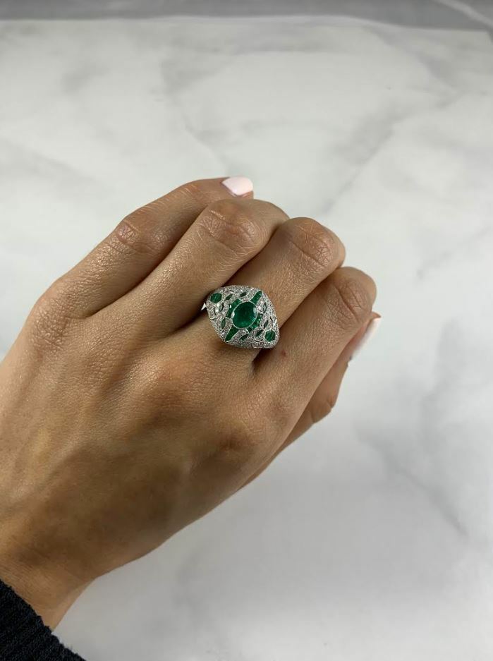 Platinum Diamond Emerald Ring Art Deco 2.49 CTW Natural