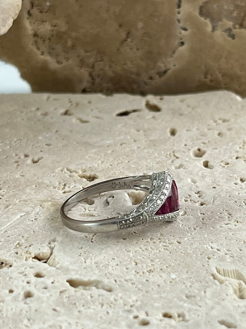 Art Deco Inspired Ruby Diamond Platinum Ring Natural Oval French Cut 1.04CTW