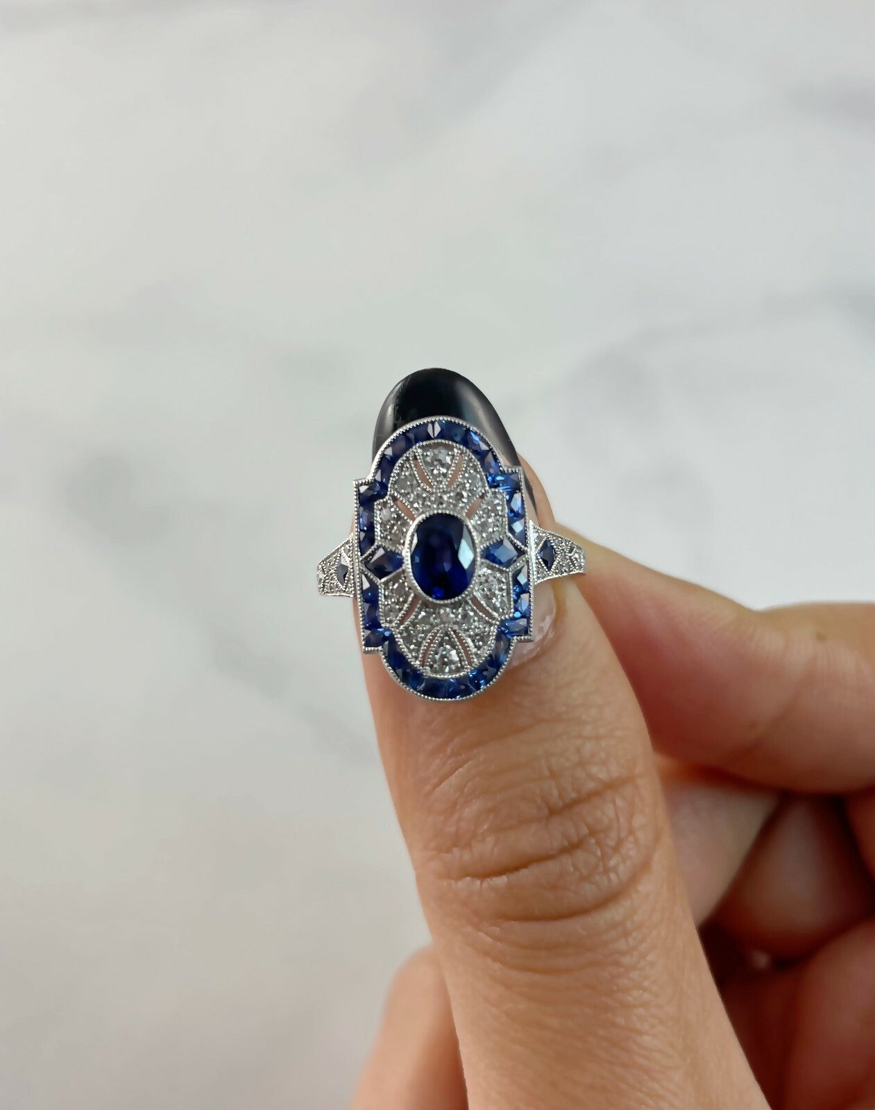 Oval Blue Sapphire Platinum Diamond Ring Art Deco Handmade Antique Natural