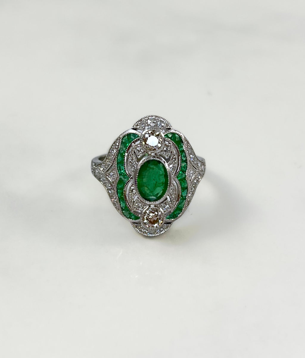 Art Deco Emerald Platinum Diamond Ring Cocktail Right Hand Old Mine European